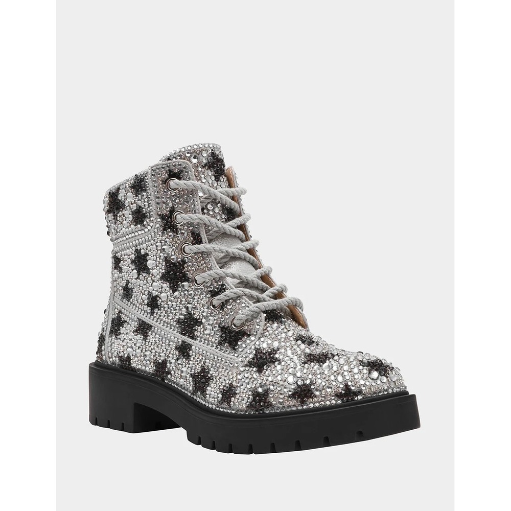 Betsey Johnson SB-HUDSN Black Star Rhinestone Combat Boots Silver Womens 7.5
